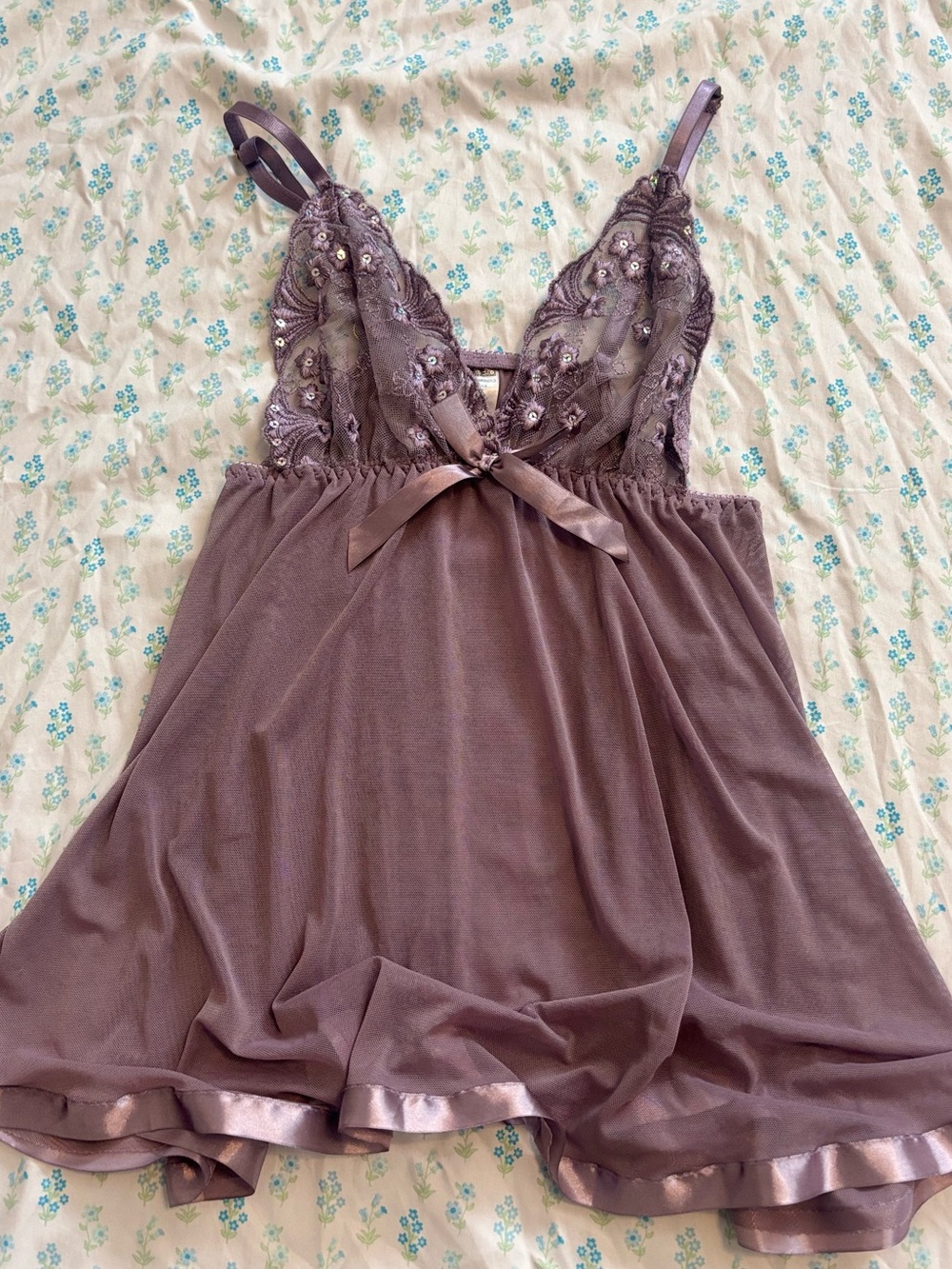 Purple lace mesh babydoll lingerie top with bow detail and sequins